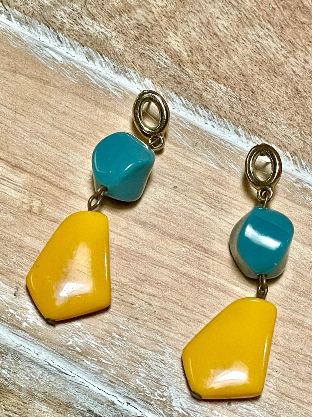 Handmade Turquoise and Mustard Yellow Geometric Drop Earrings - Women Jewelry - Picture 3 of 3